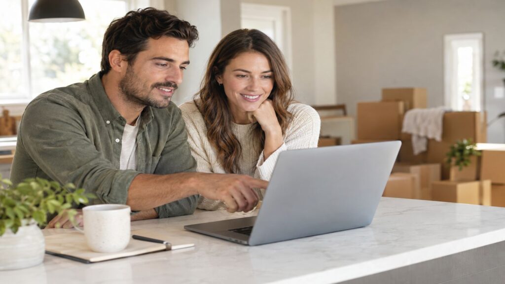 A couple reviewing real estate options together on a laptop