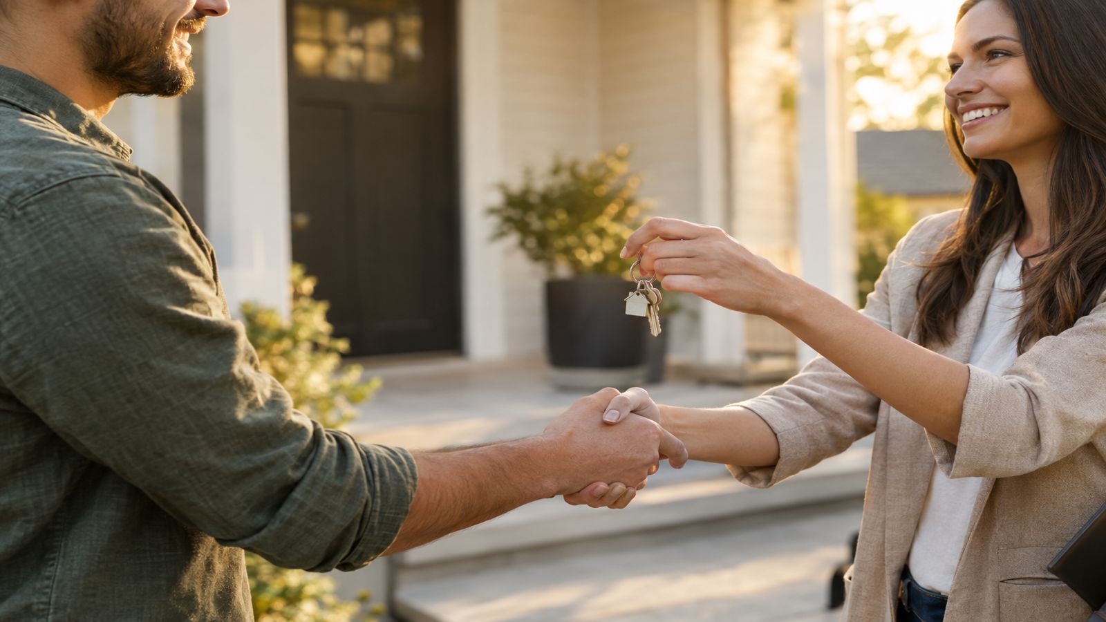 Home buyers receive keys from their real estate agent